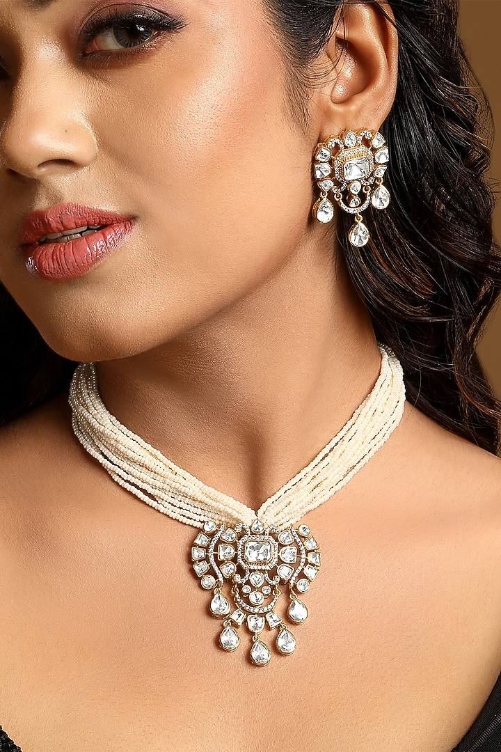 Gold Finish Cubic Zircon & Kundan Polki Necklace Set by Hrisha Jewels at Pernia's Pop Up Shop