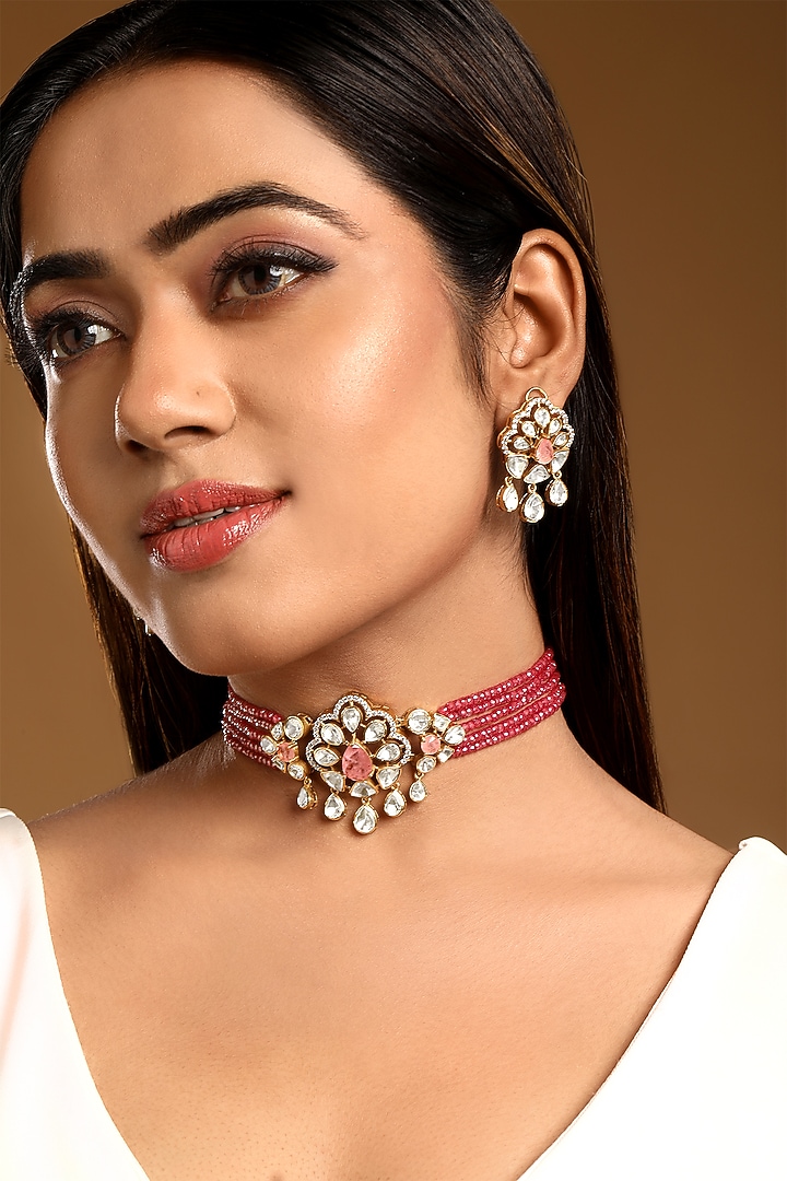 Gold Finish Kundan Polki & Pink Synthetic Stone Choker Necklace by Hrisha Jewels at Pernia's Pop Up Shop