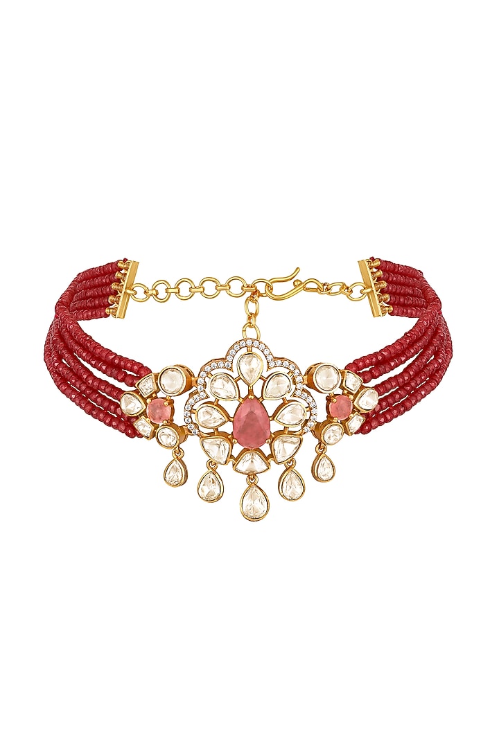 Gold Finish Kundan Polki & Pink Synthetic Stone Choker Necklace by Hrisha Jewels at Pernia's Pop Up Shop