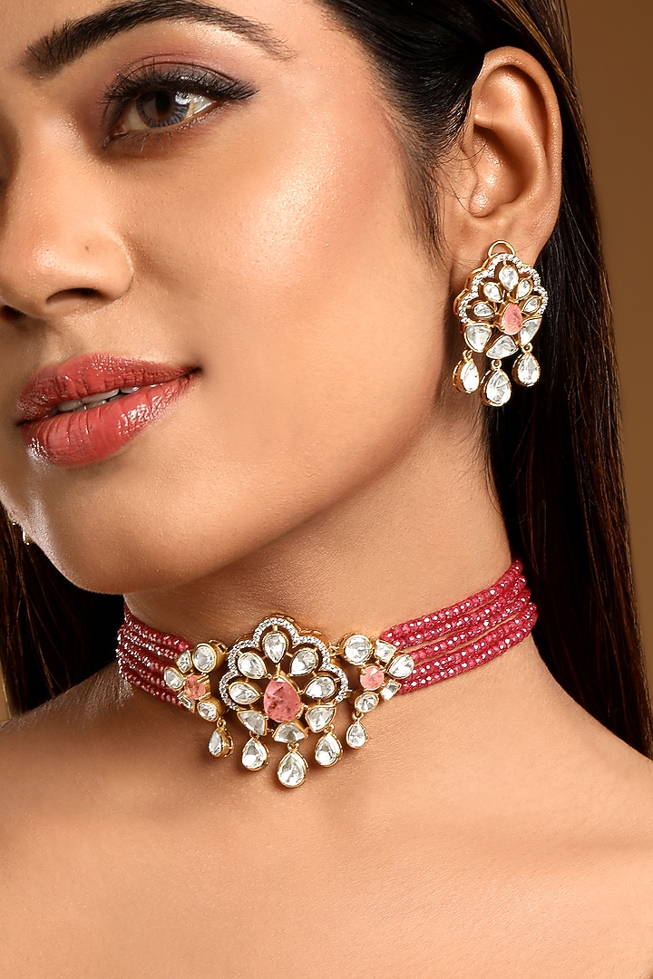 Gold Finish Kundan Polki & Pink Synthetic Stone Choker Necklace by Hrisha Jewels at Pernia's Pop Up Shop