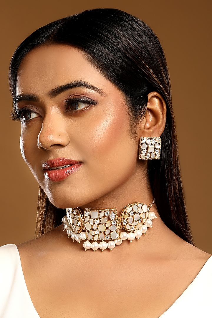 Gold Finish Mother Of Pearl & Shell Pearl Choker Necklace Set by Hrisha Jewels at Pernia's Pop Up Shop