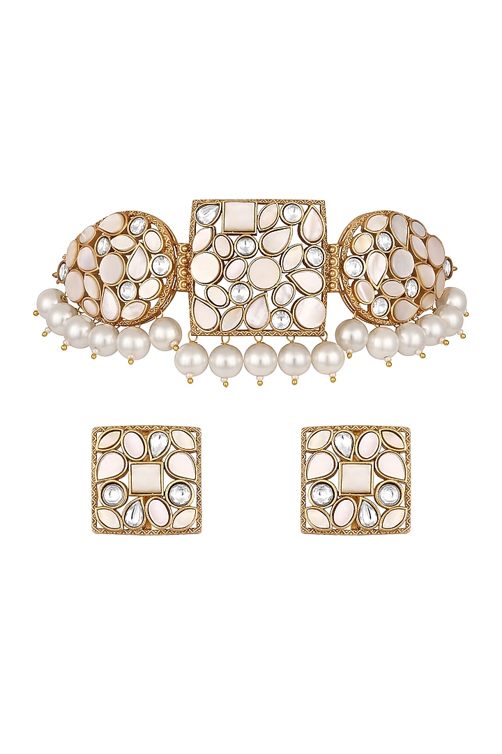 Gold Finish Mother Of Pearl & Shell Pearl Choker Necklace Set by Hrisha Jewels at Pernia's Pop Up Shop