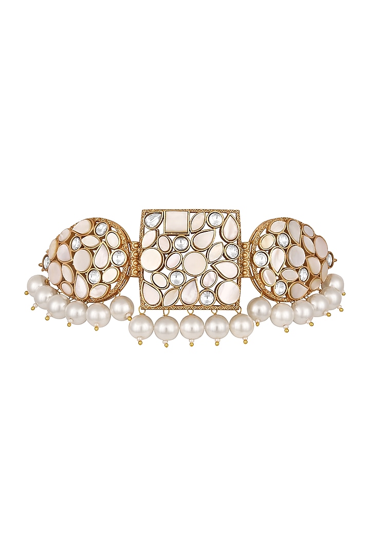 Gold Finish Mother Of Pearl & Shell Pearl Choker Necklace Set by Hrisha Jewels at Pernia's Pop Up Shop