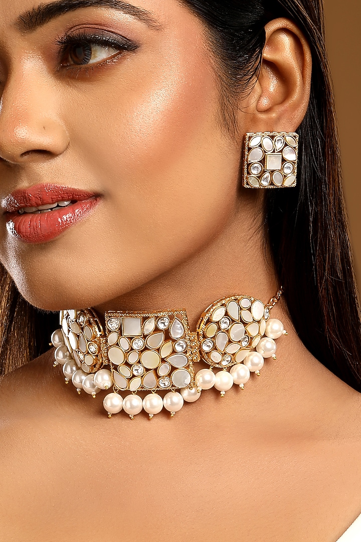 Gold Finish Mother Of Pearl & Shell Pearl Choker Necklace Set by Hrisha Jewels at Pernia's Pop Up Shop