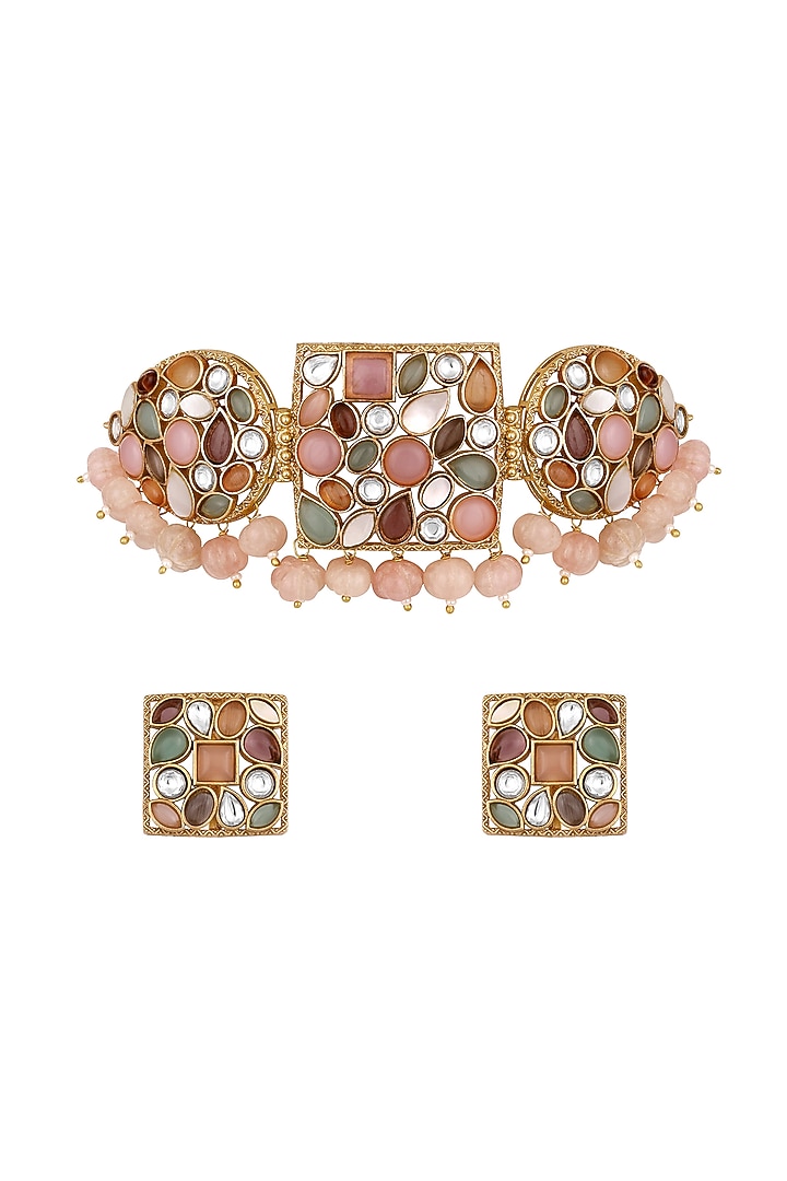 Gold Finish Mother Of Pearl & Shell Pearl Choker Necklace Set by Hrisha Jewels at Pernia's Pop Up Shop