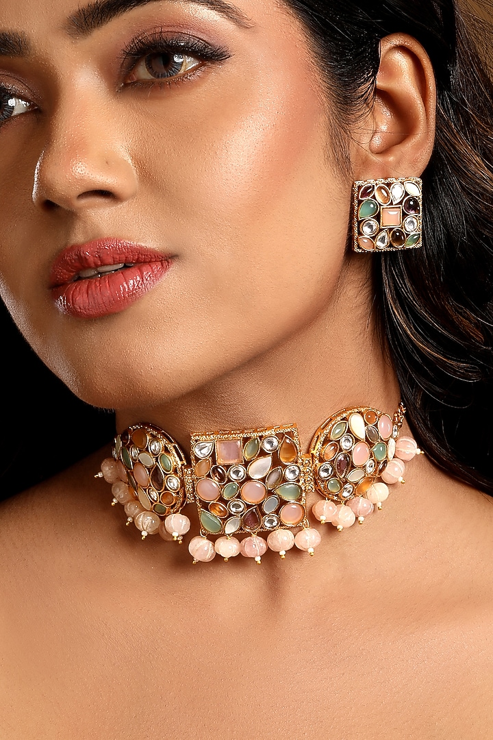Gold Finish Mother Of Pearl & Shell Pearl Choker Necklace Set by Hrisha Jewels at Pernia's Pop Up Shop