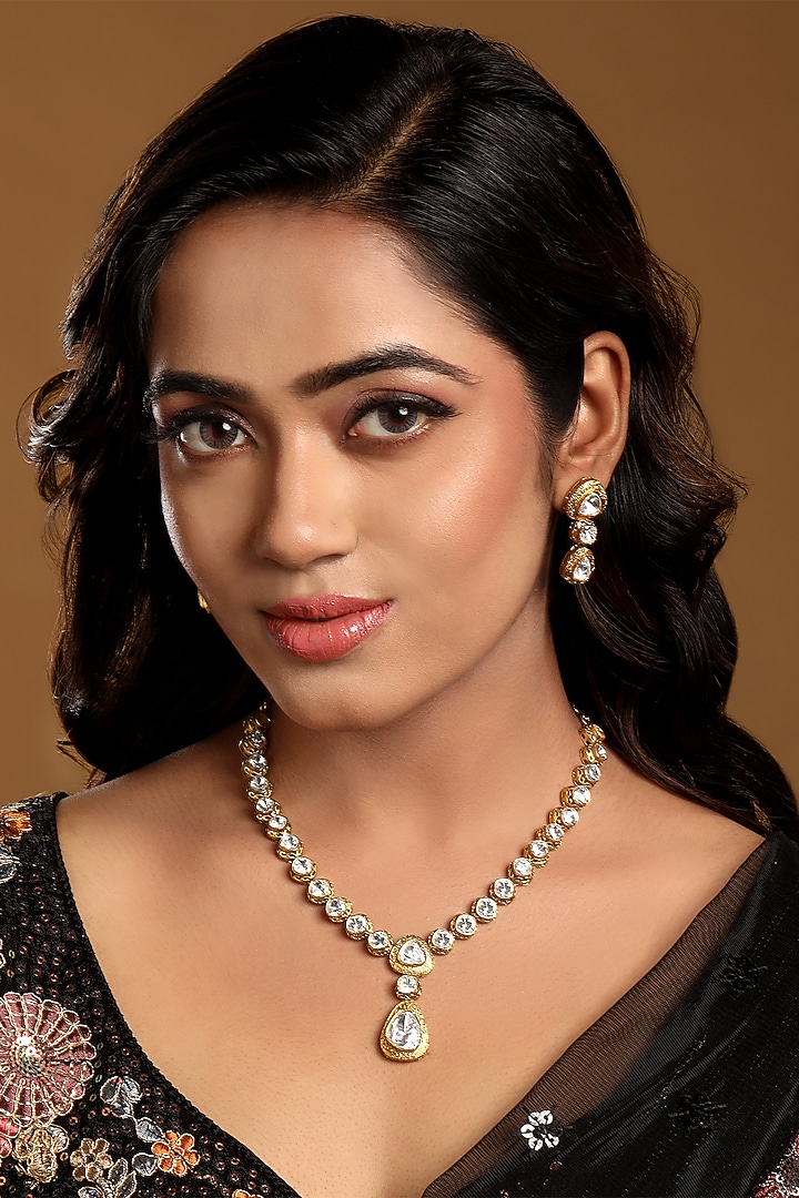 Antique Gold Finish Kundan Polki Necklace Set by Hrisha Jewels at Pernia's Pop Up Shop