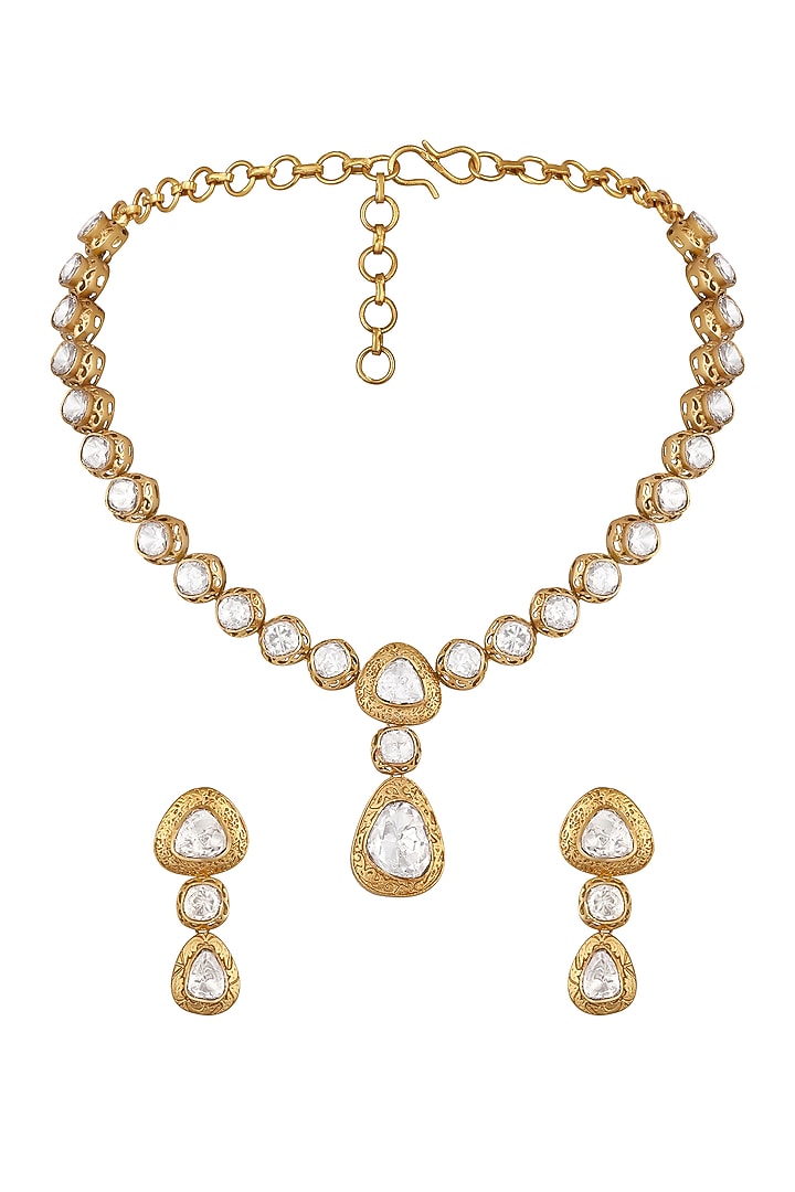 Antique Gold Finish Kundan Polki Necklace Set by Hrisha Jewels at Pernia's Pop Up Shop