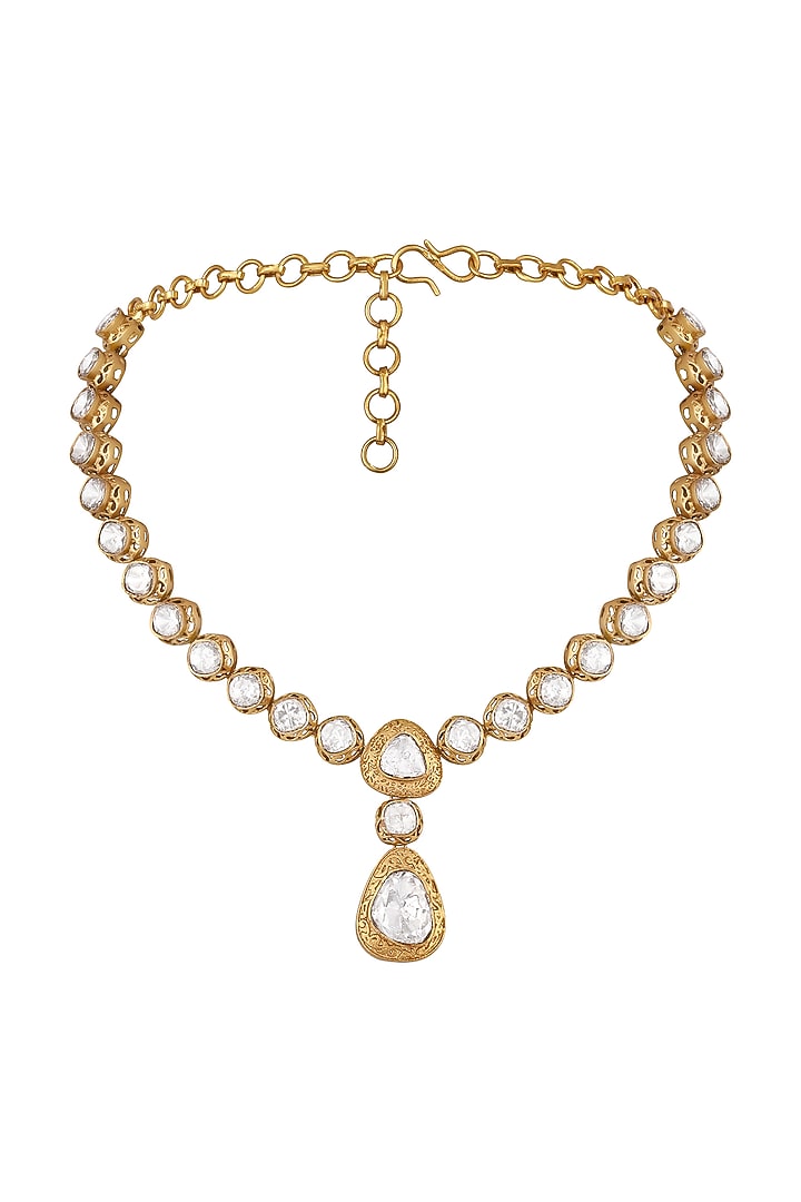 Antique Gold Finish Kundan Polki Necklace Set by Hrisha Jewels at Pernia's Pop Up Shop