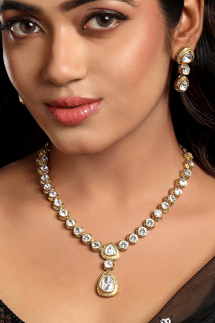 Antique Gold Finish Kundan Polki Necklace Set by Hrisha Jewels at Pernia's Pop Up Shop