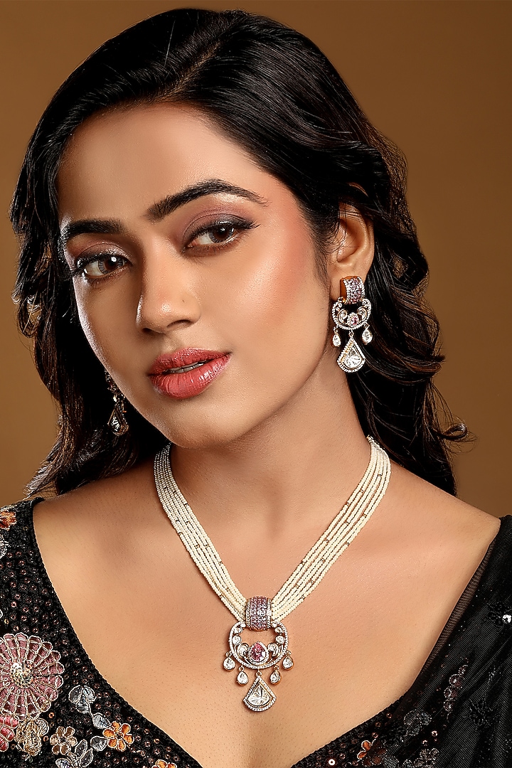 Gold Finish Moissanite Kundan Polki & Cubic Zircon Necklace Set by Hrisha Jewels at Pernia's Pop Up Shop