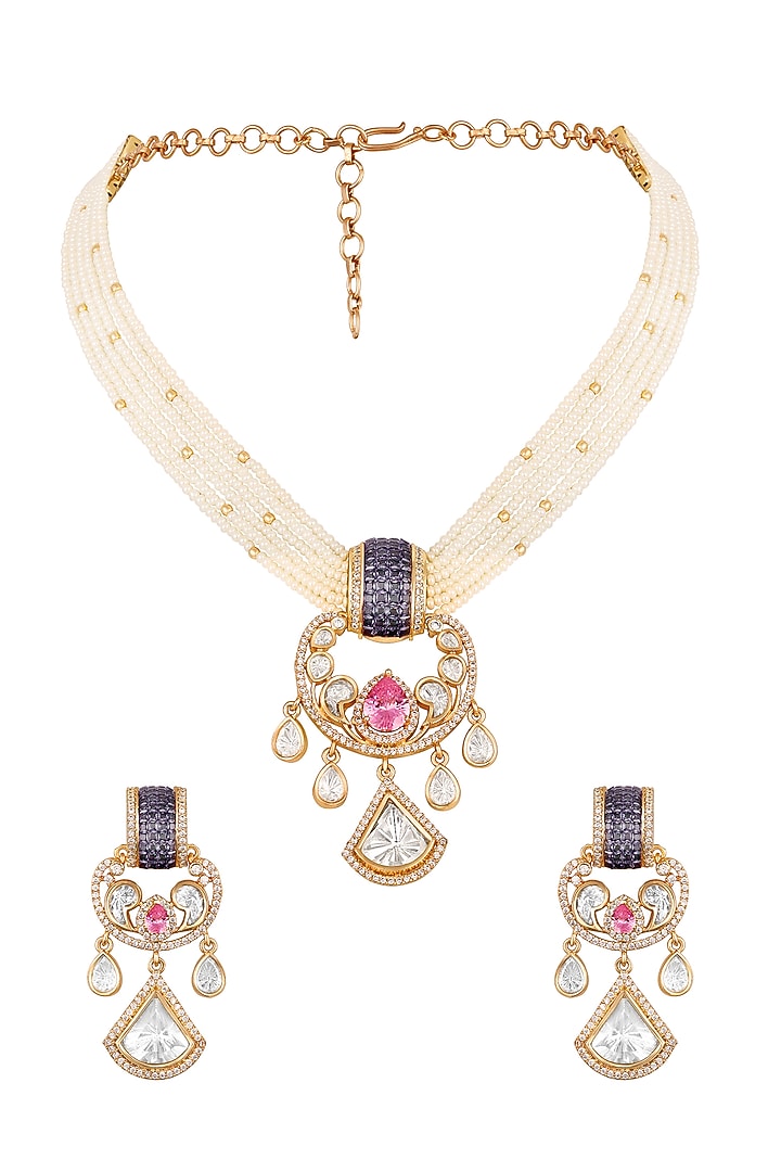 Gold Finish Moissanite Kundan Polki & Cubic Zircon Necklace Set by Hrisha Jewels at Pernia's Pop Up Shop