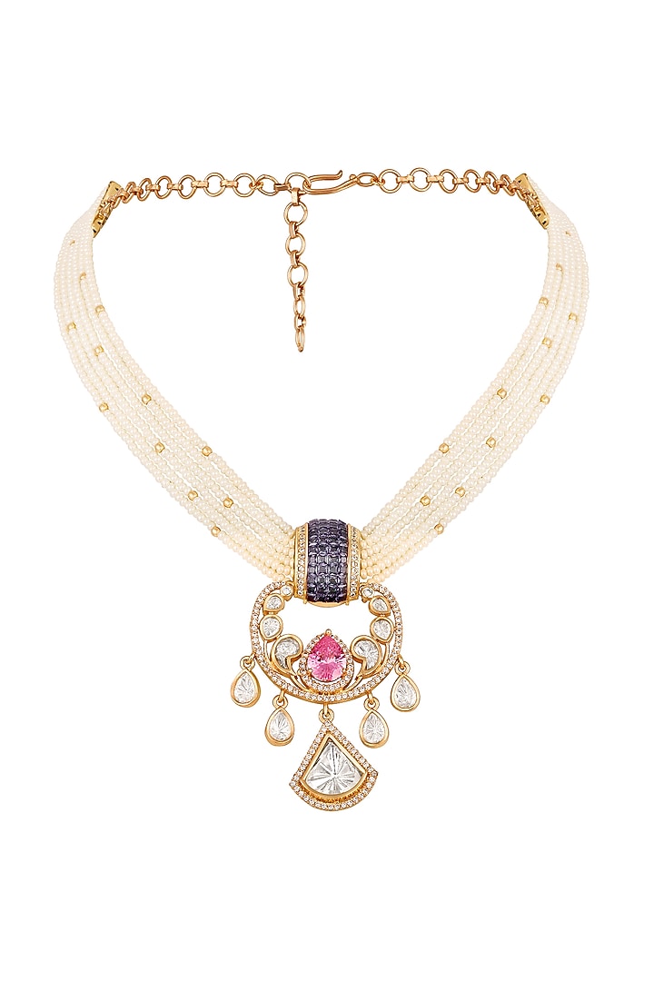 Gold Finish Moissanite Kundan Polki & Cubic Zircon Necklace Set by Hrisha Jewels at Pernia's Pop Up Shop