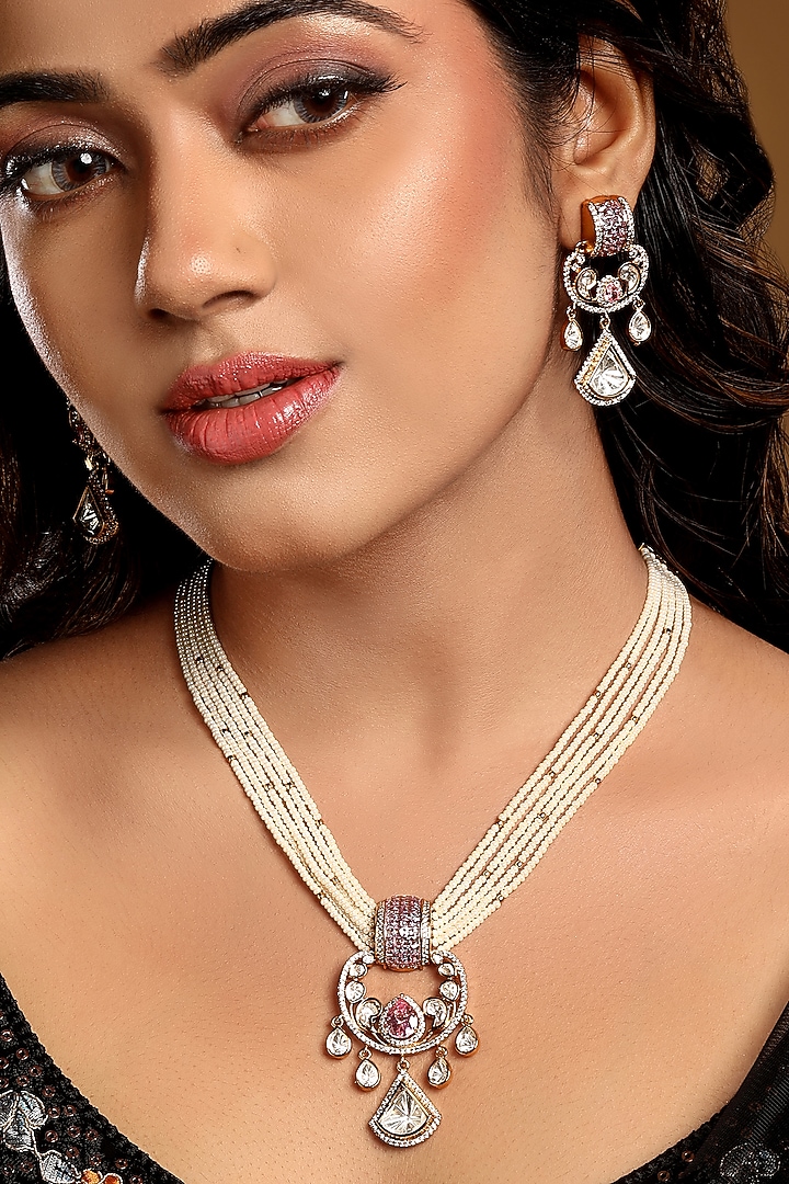 Gold Finish Moissanite Kundan Polki & Cubic Zircon Necklace Set by Hrisha Jewels at Pernia's Pop Up Shop