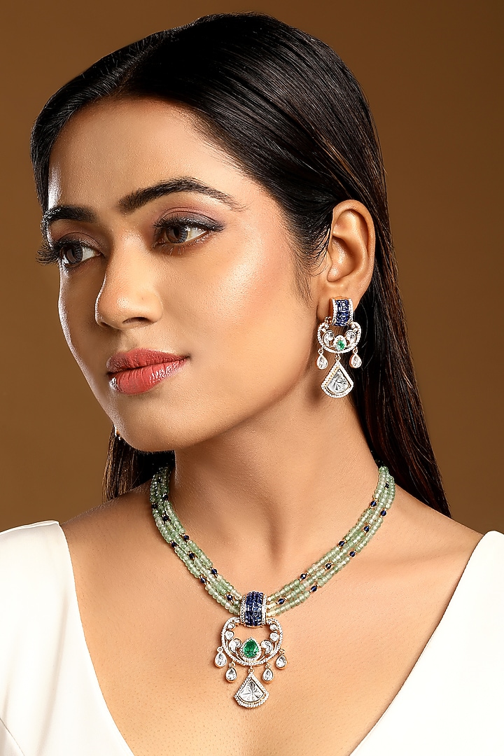 Gold Finish Kundan Polki & Agate Stone Necklace Set by Hrisha Jewels at Pernia's Pop Up Shop