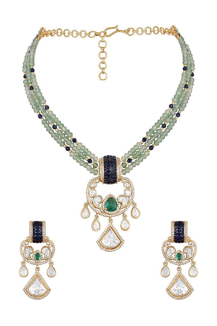 Gold Finish Kundan Polki & Agate Stone Necklace Set by Hrisha Jewels at Pernia's Pop Up Shop