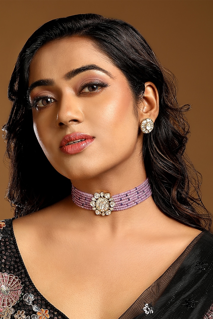 Micro Gold Finish Kundan Polki & Agate Stone Choker Necklace Set by Hrisha Jewels at Pernia's Pop Up Shop