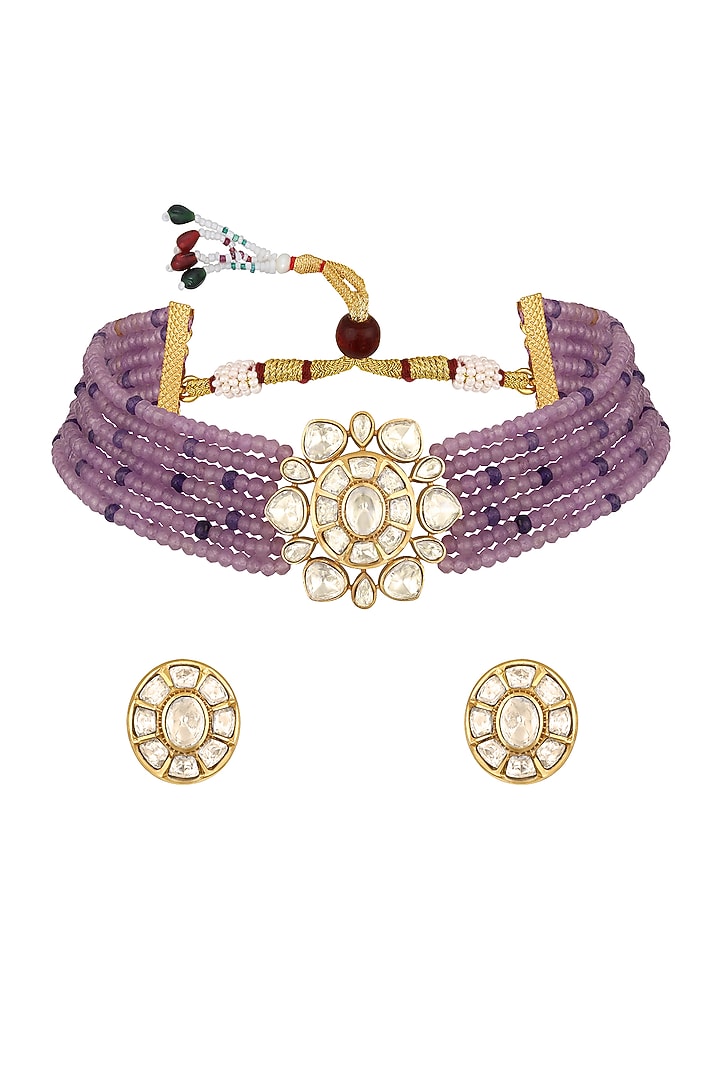 Micro Gold Finish Kundan Polki & Agate Stone Choker Necklace Set by Hrisha Jewels at Pernia's Pop Up Shop