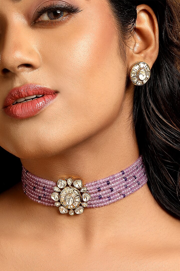 Micro Gold Finish Kundan Polki & Agate Stone Choker Necklace Set by Hrisha Jewels at Pernia's Pop Up Shop