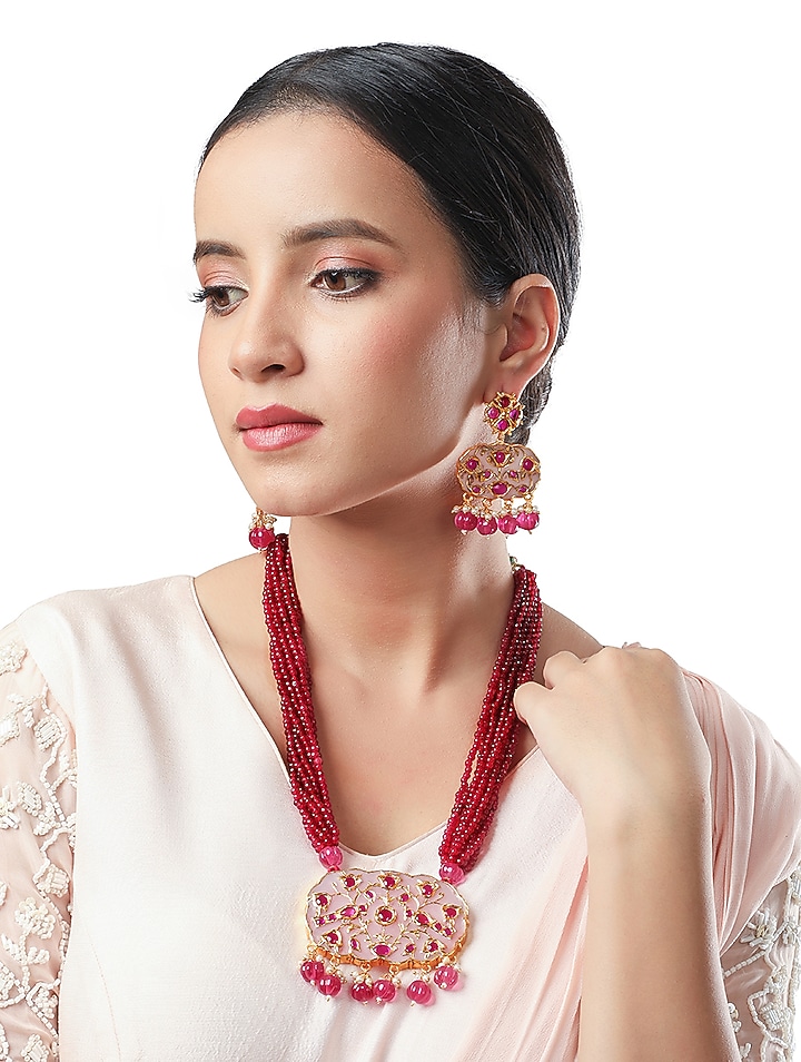 Micron Gold Finish Tumble Stones Necklace Set by Hrisha Jewels at Pernia's Pop Up Shop