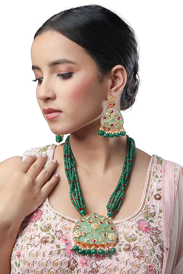 Micron Gold Finish Tumble & Onyx Stones Necklace Set by Hrisha Jewels at Pernia's Pop Up Shop