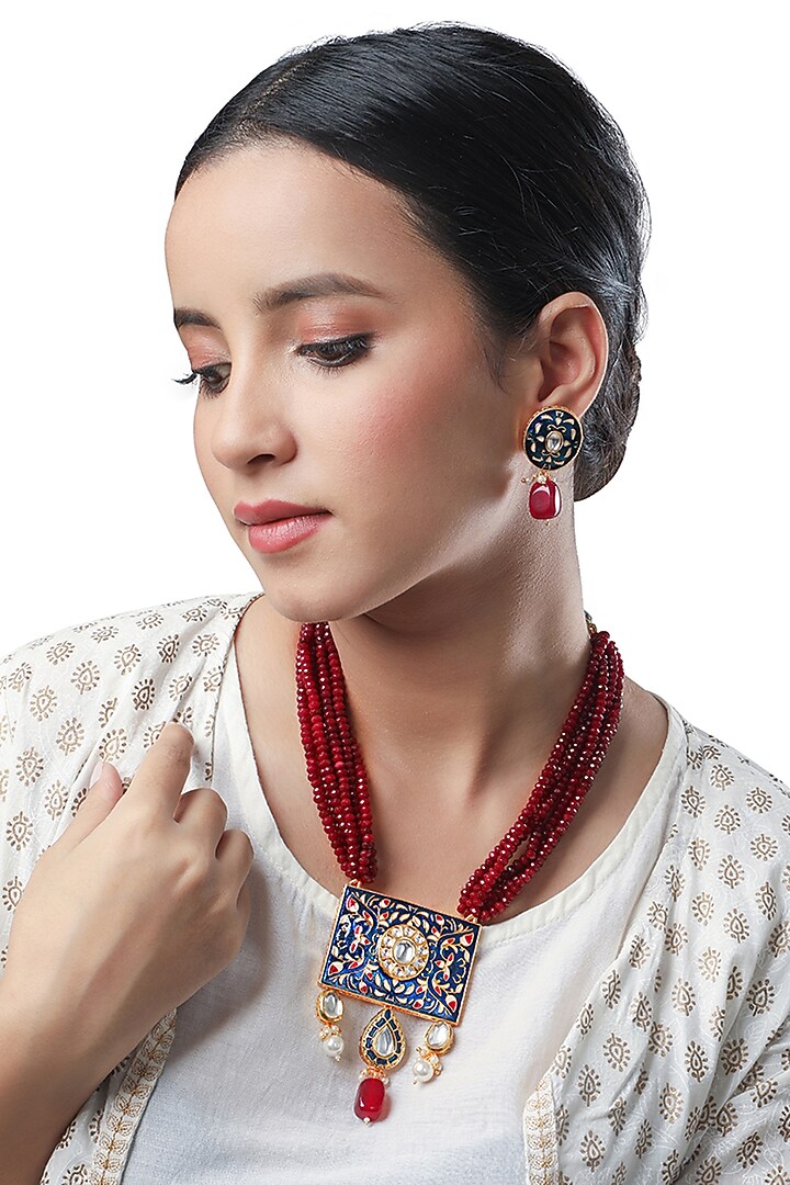 Micron Gold Finish Necklace Set With Agate & Onyx Stones by Hrisha Jewels at Pernia's Pop Up Shop