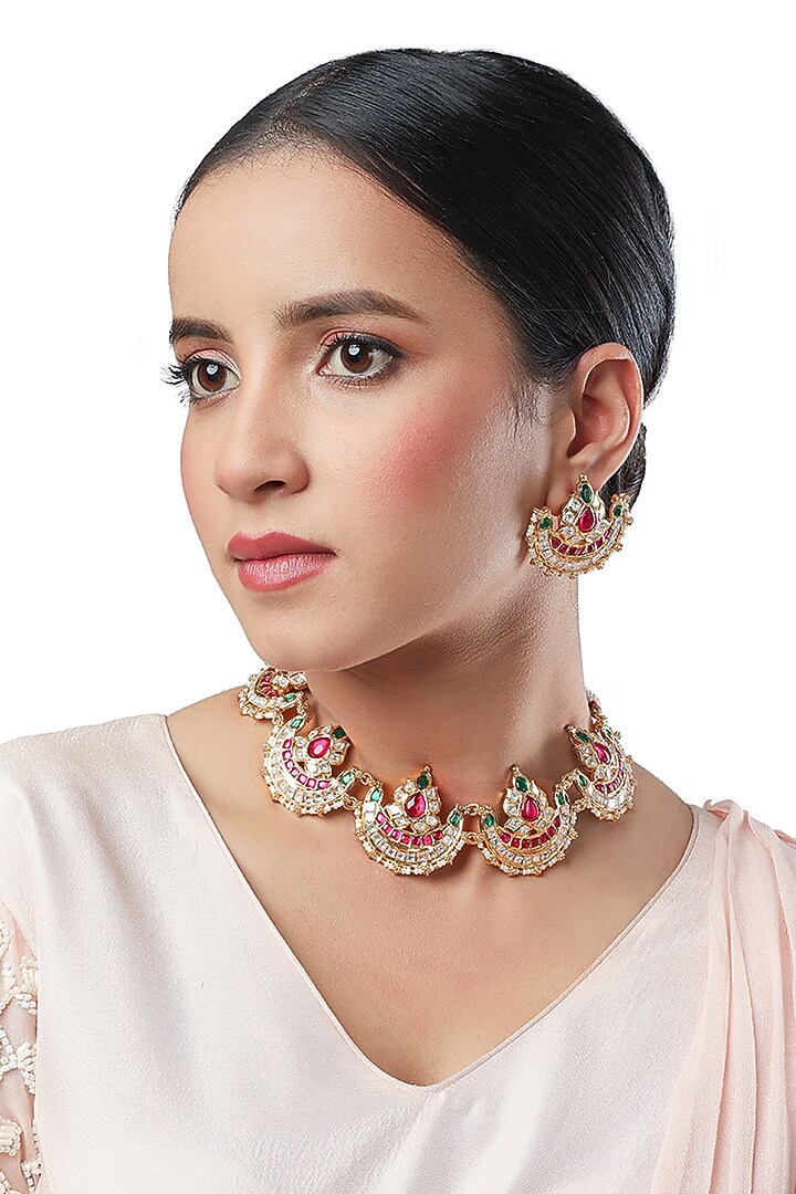 Micron Gold Finish Tumble Stones Choker Necklace Set by Hrisha Jewels at Pernia's Pop Up Shop