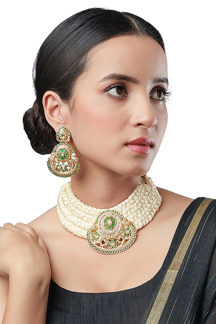 Micron Gold Finish Tumble & Agate Stones Choker Necklace Set by Hrisha Jewels at Pernia's Pop Up Shop