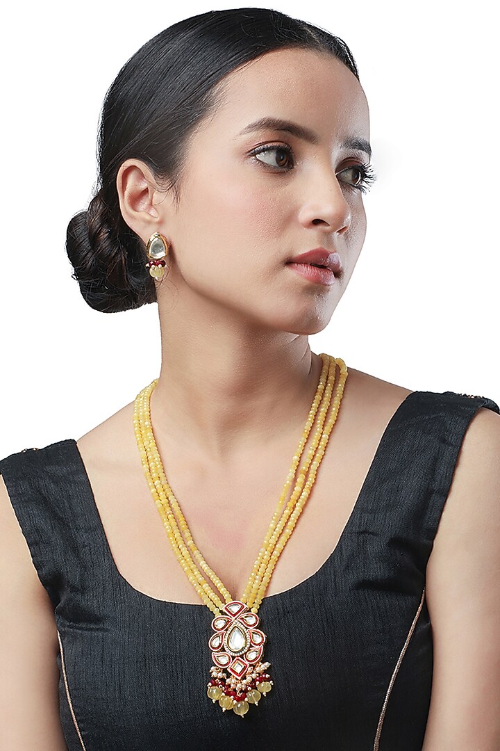 Micron Gold Finish Long Necklace Set With Agates & Kundan by Hrisha Jewels at Pernia's Pop Up Shop