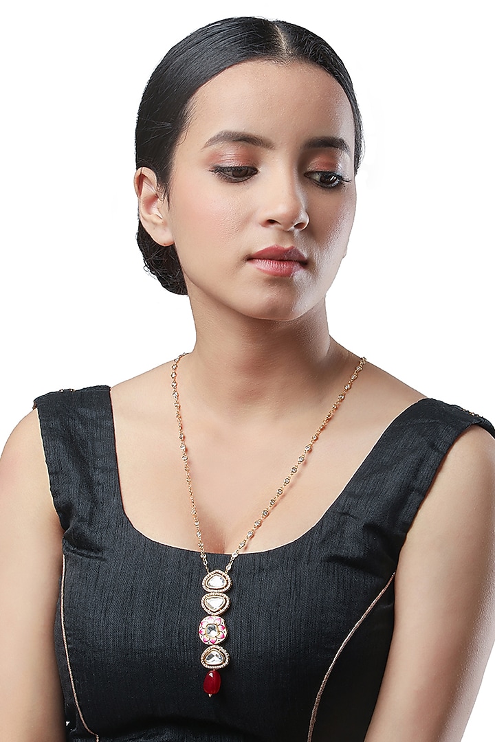 Micron Gold Finish Long Necklace With Agates & Tumble Stones by Hrisha Jewels at Pernia's Pop Up Shop