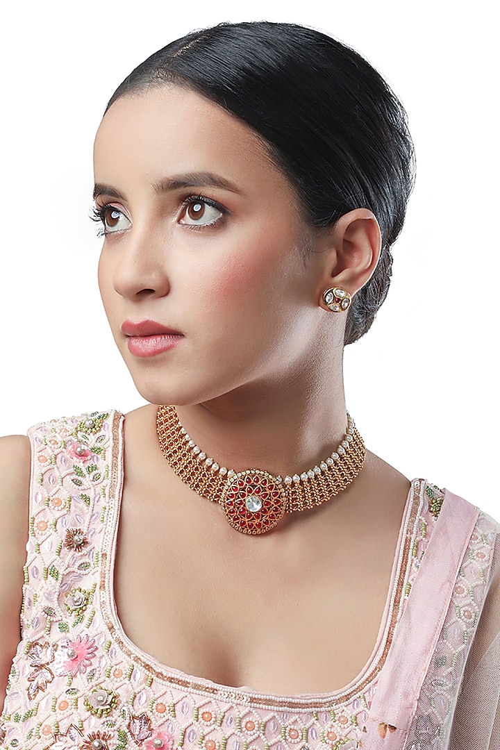 Micron Gold Finish Synthetic Ruby Stone Choker Necklace Set by Hrisha Jewels