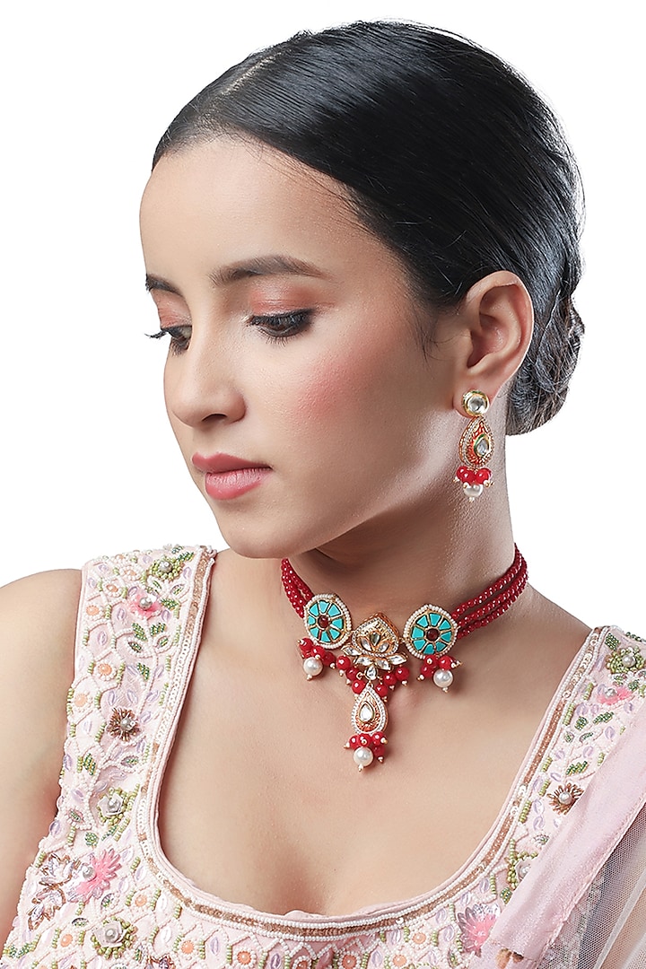 Micron Gold Finish Agate Necklace Set by Hrisha Jewels