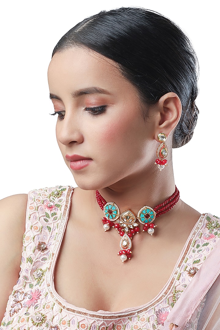 Micron Gold Finish Agate Necklace Set by Hrisha Jewels at Pernia's Pop Up Shop