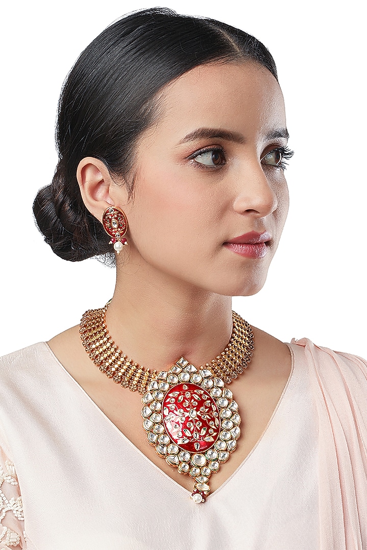 Micron Gold Finish Kundan Polki Choker Necklace Set by Hrisha Jewels at Pernia's Pop Up Shop