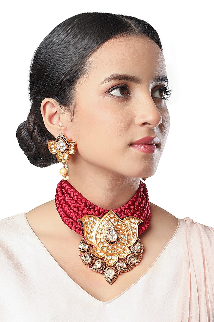 Micron Gold Finish Kundan Polki Choker Necklace Set by Hrisha Jewels
