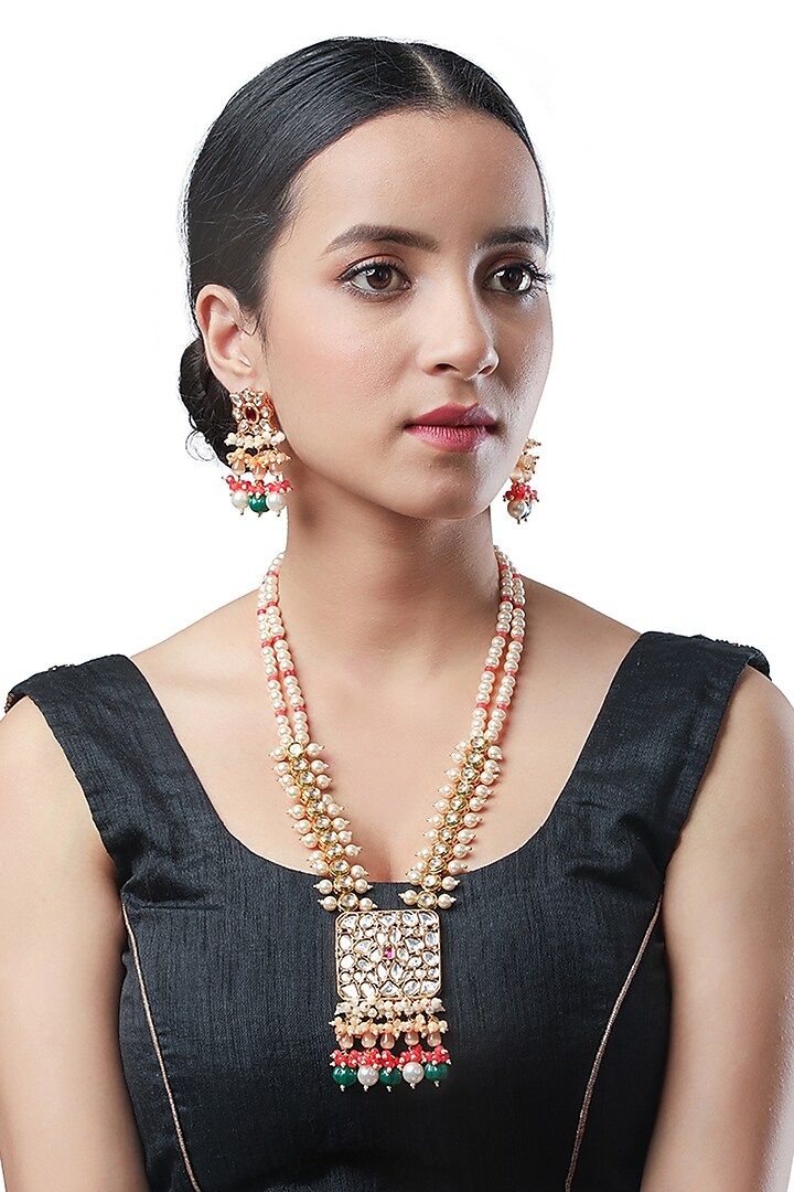 Micron Gold Finish Kundan Polki Long Necklace Set by Hrisha Jewels