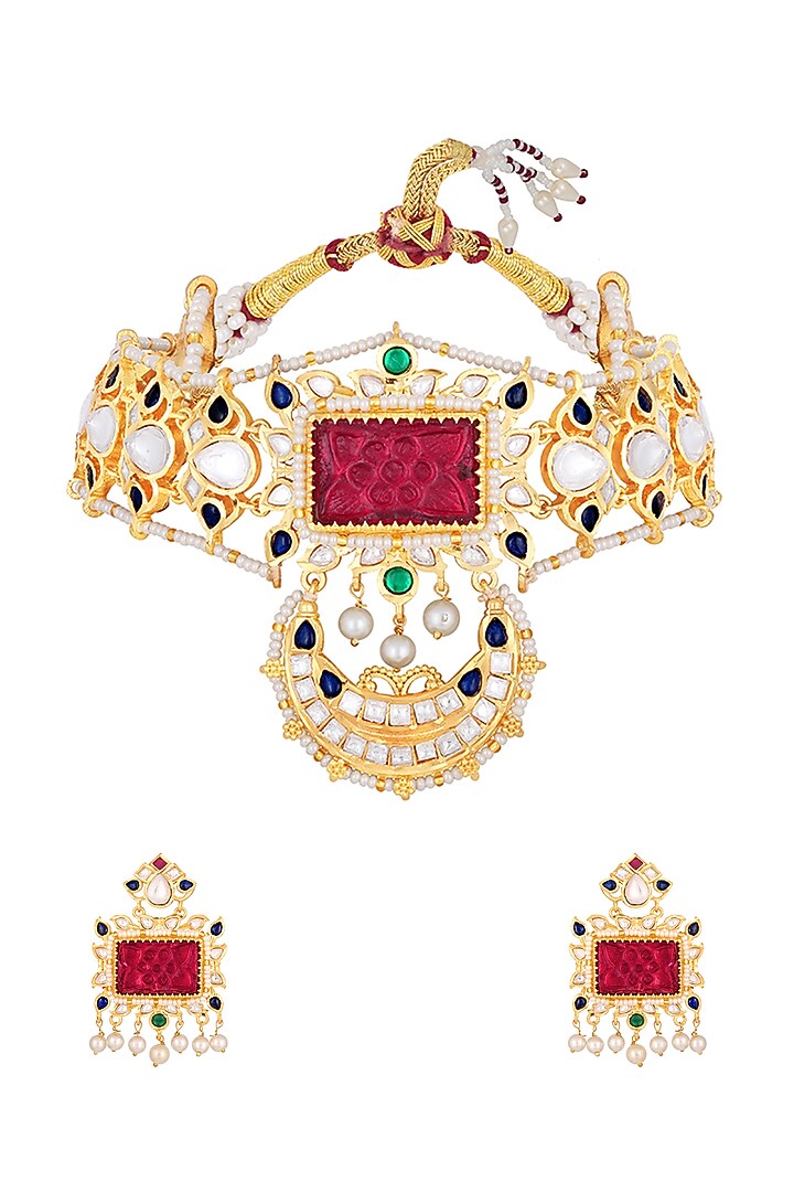 Micron Gold Finish Kundan Polki Choker Necklace Set by Hrisha Jewels at Pernia's Pop Up Shop