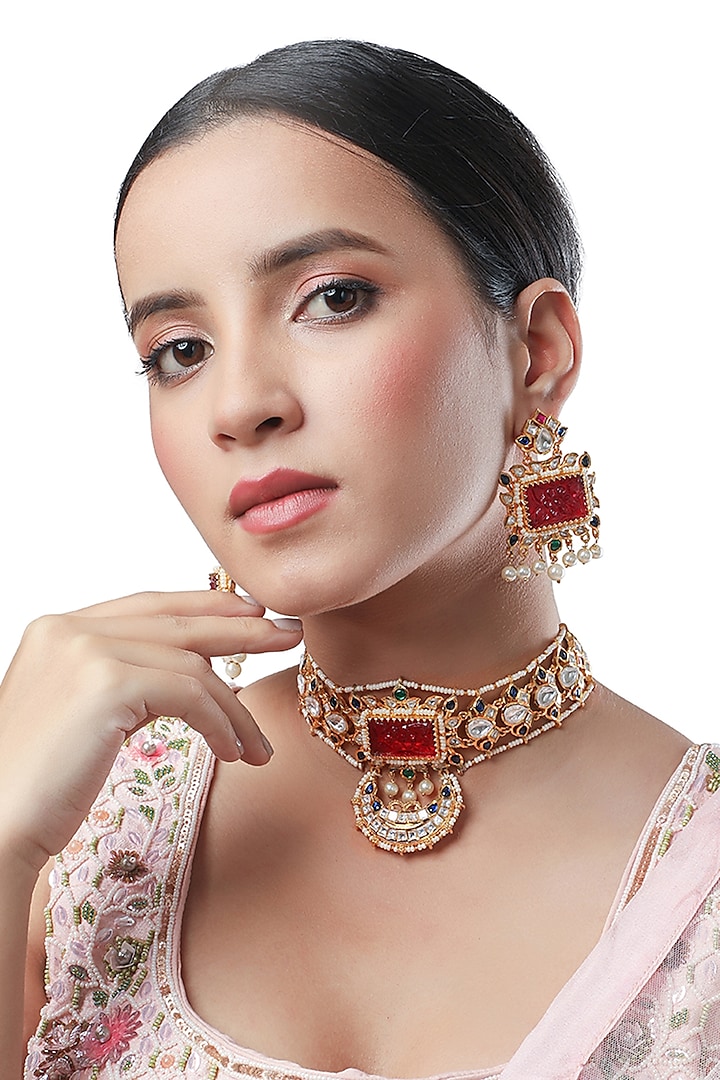 Micron Gold Finish Kundan Polki Choker Necklace Set by Hrisha Jewels at Pernia's Pop Up Shop