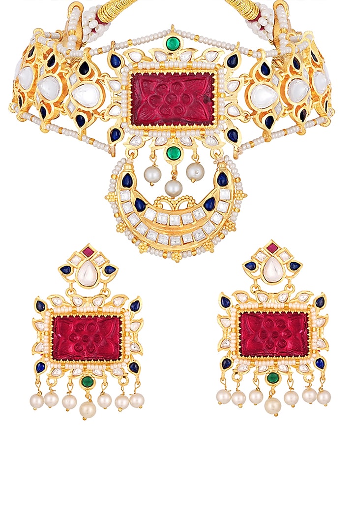 Micron Gold Finish Kundan Polki Choker Necklace Set by Hrisha Jewels at Pernia's Pop Up Shop
