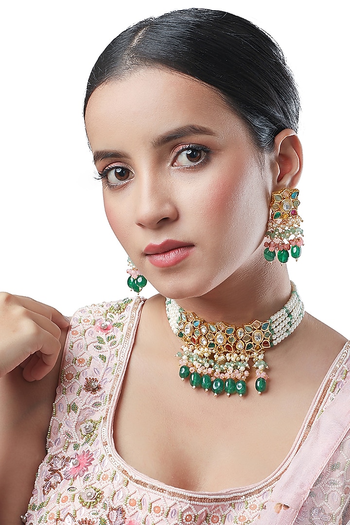 Micron Gold Finish Kundan Polki Choker Necklace Set by Hrisha Jewels