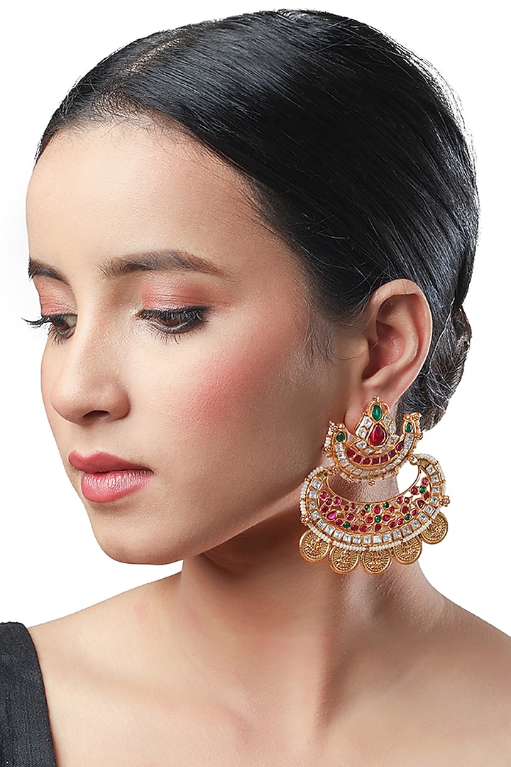 Micron Gold Finish Kundan Polki Chandbaali Earrings by Hrisha Jewels