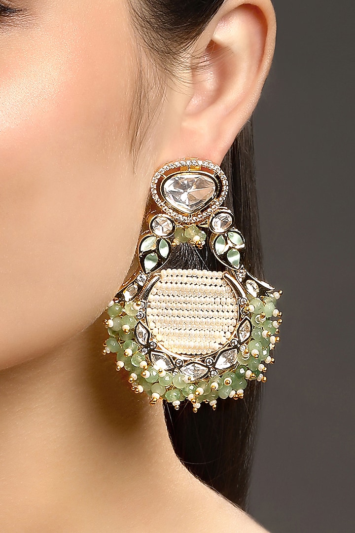 Micron Gold Finish Moissanite Kundan Polki & Agate Chandbali Earrings by Hrisha Jewels at Pernia's Pop Up Shop