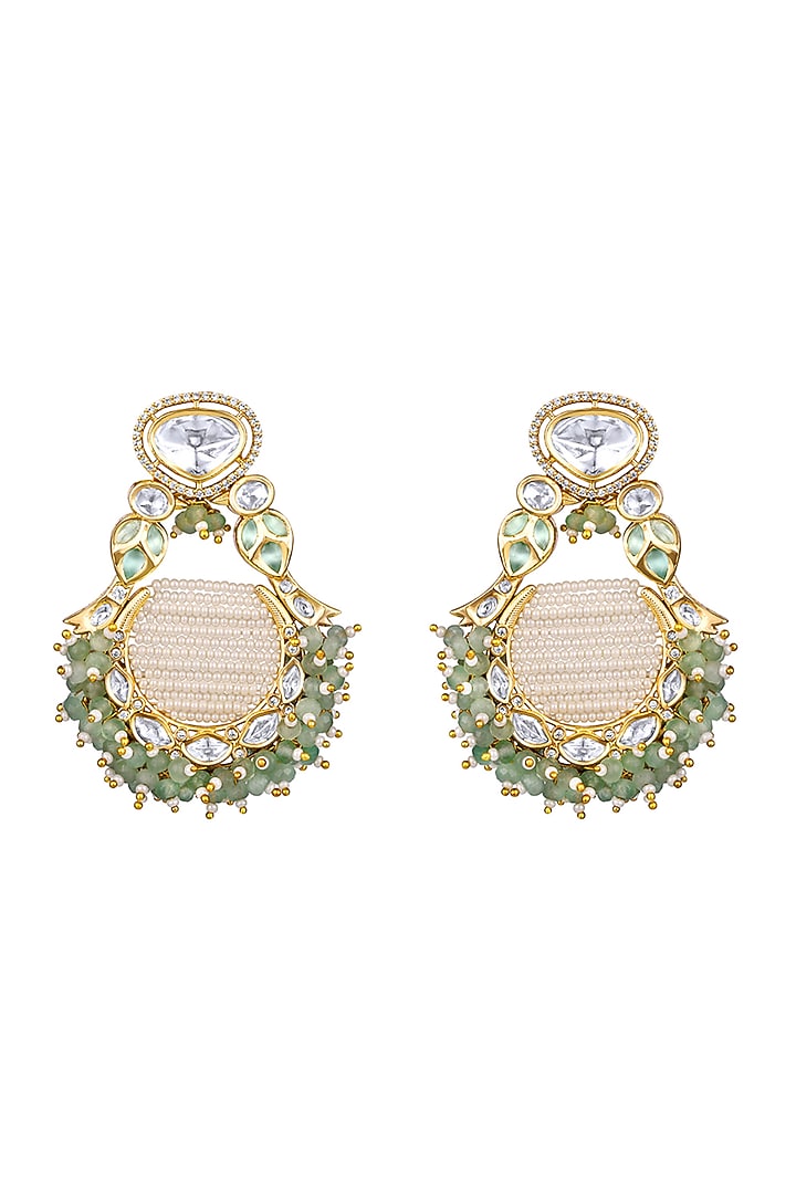 Micron Gold Finish Moissanite Kundan Polki & Agate Chandbali Earrings by Hrisha Jewels at Pernia's Pop Up Shop
