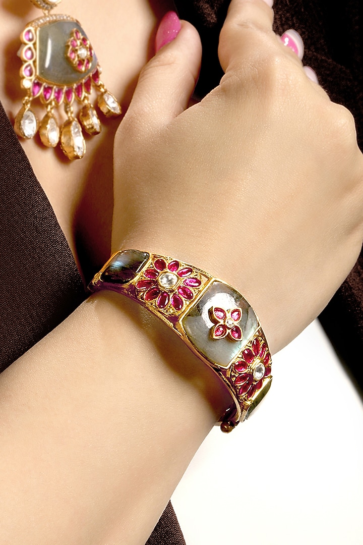 Micron Gold Finish Moissanite Kundan Polki & Ruby Bracelet by Hrisha Jewels