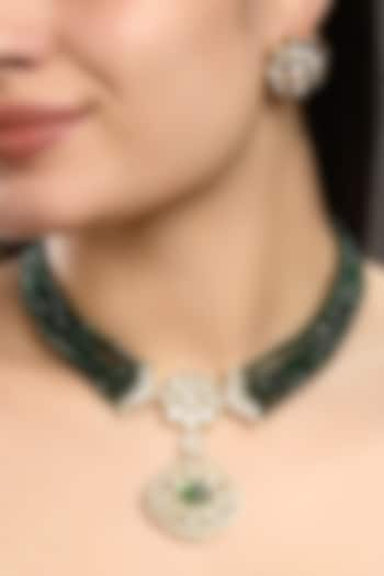 Micron Gold Finish Moissanite Kundan Polki & Green Agate Stone Choker Necklace Set by Hrisha Jewels