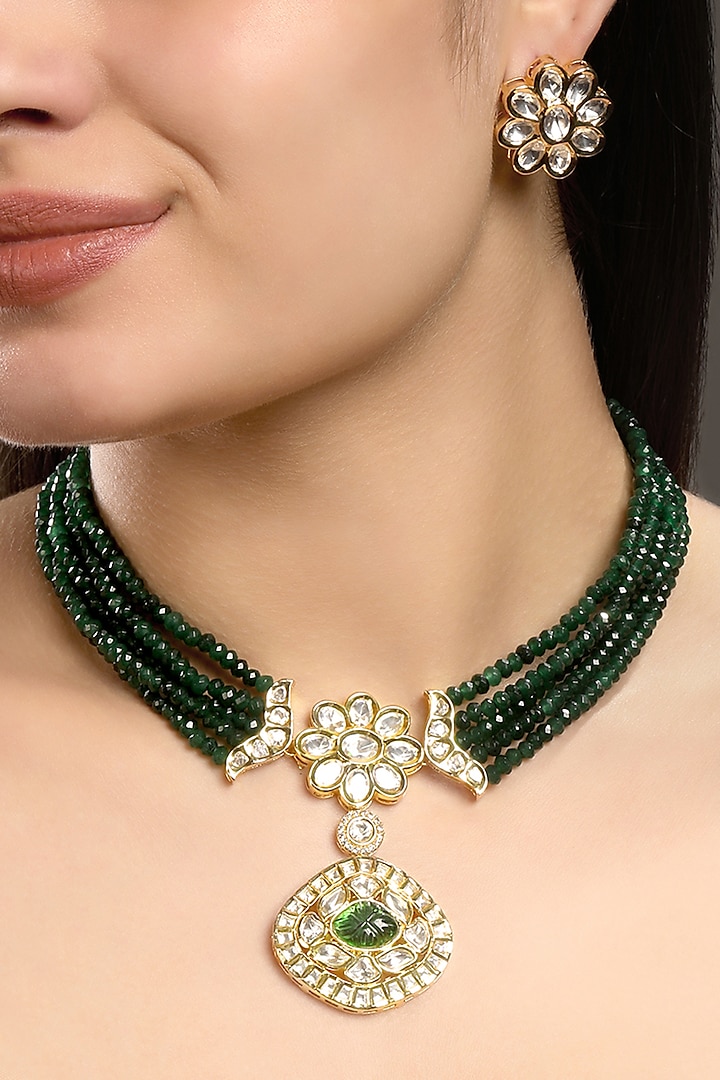 Micron Gold Finish Moissanite Kundan Polki & Green Agate Stone Choker Necklace Set by Hrisha Jewels