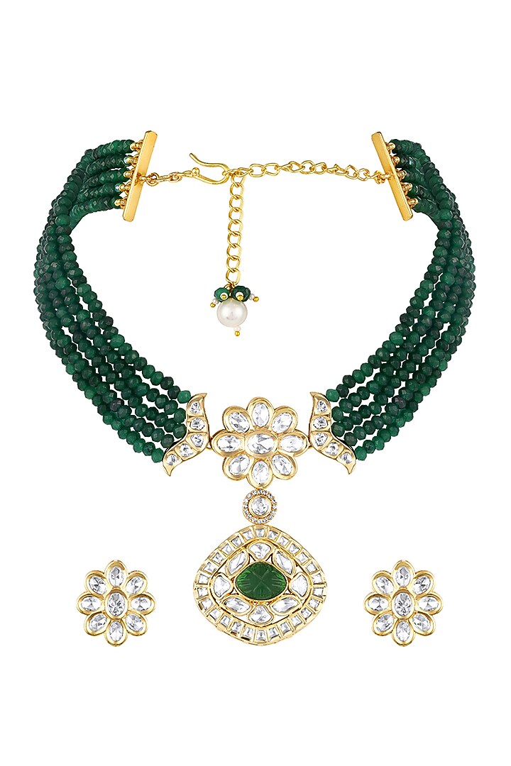 Micron Gold Finish Moissanite Kundan Polki & Green Agate Stone Choker Necklace Set by Hrisha Jewels at Pernia's Pop Up Shop