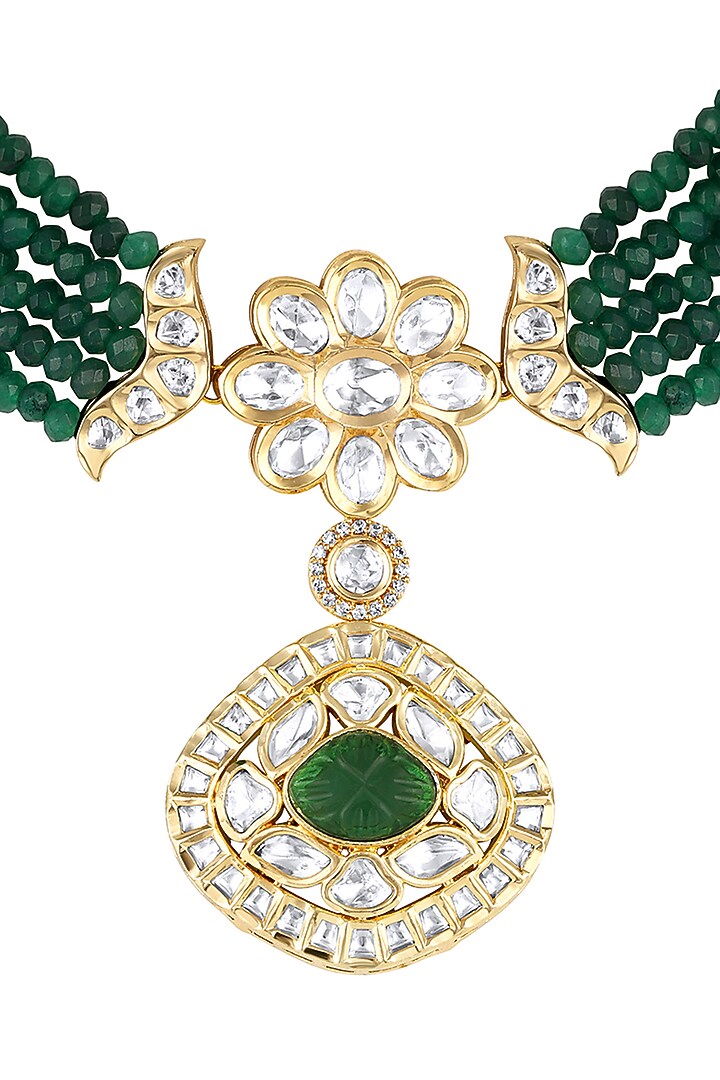 Micron Gold Finish Moissanite Kundan Polki & Green Agate Stone Choker Necklace Set by Hrisha Jewels at Pernia's Pop Up Shop