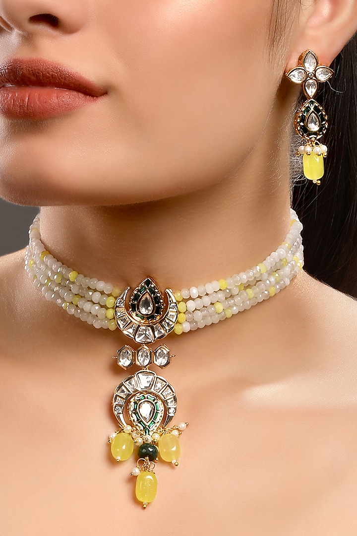 Micron Gold Finish Moissanite Kundan Polki & Onyx Tumble Choker Necklace Set by Hrisha Jewels at Pernia's Pop Up Shop