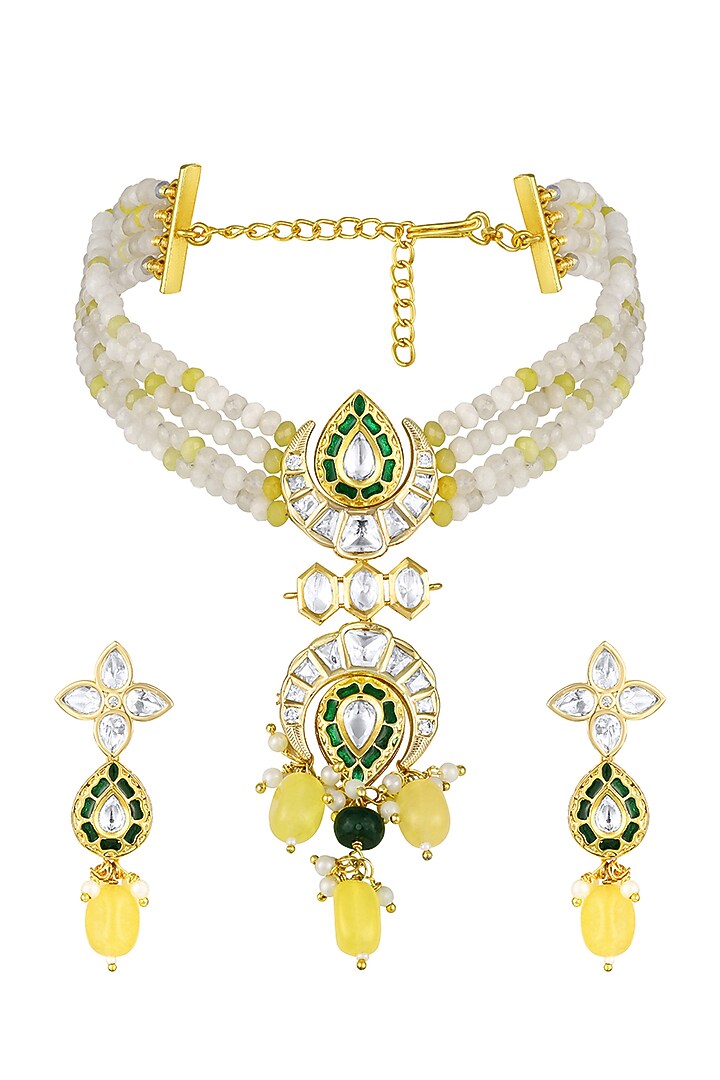 Micron Gold Finish Moissanite Kundan Polki & Onyx Tumble Choker Necklace Set by Hrisha Jewels at Pernia's Pop Up Shop
